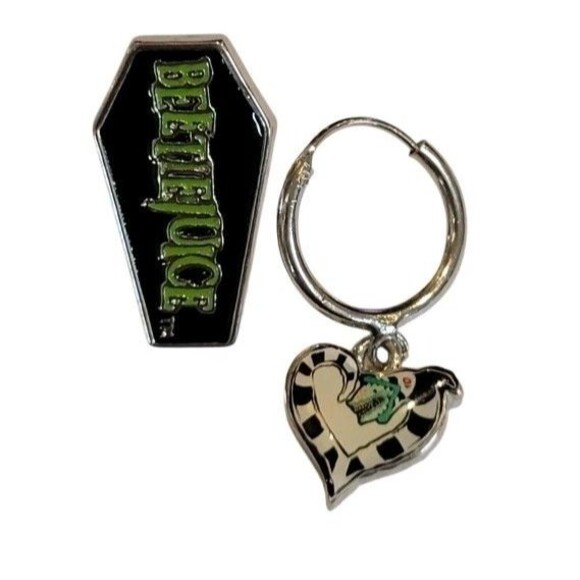 Beetlejuice Striped Sandworm Hoop Charm & Coffin Stud Metal Earrings Signed WBEI - Picture 2 of 7